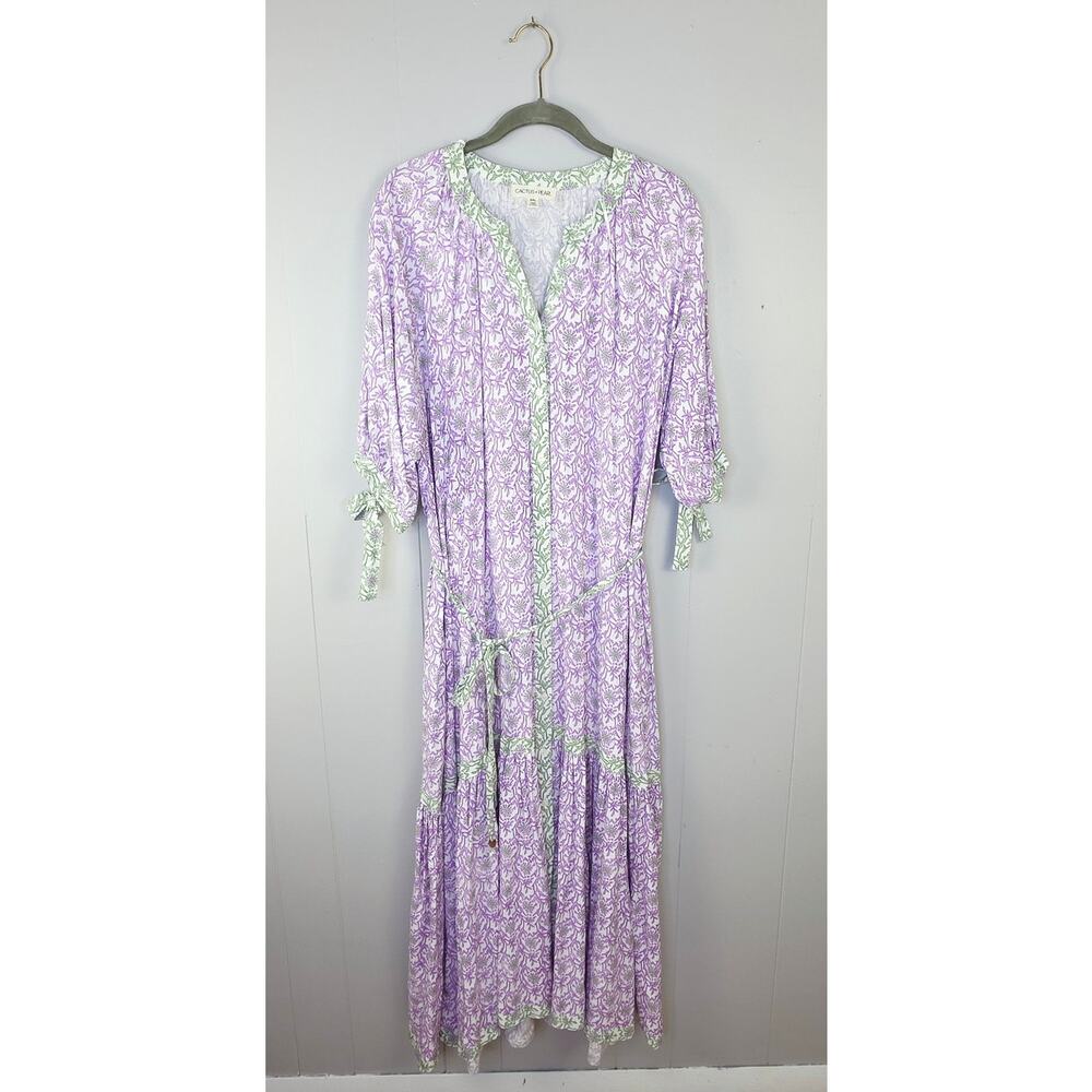 Cactus + Pearl Purple Green Floral Maxi Dress XXL Tie Sleeve Boho Cottagecore - Picture 6 of 15